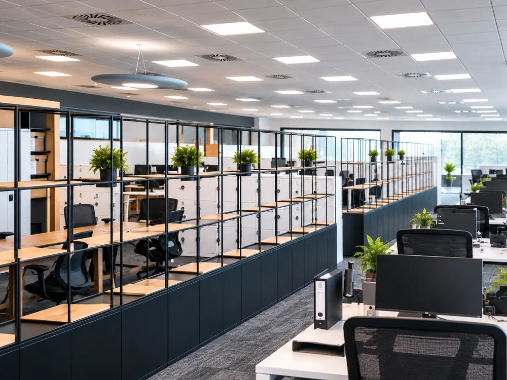Modern open-plan commercial office with desks, workstations and meeting areas