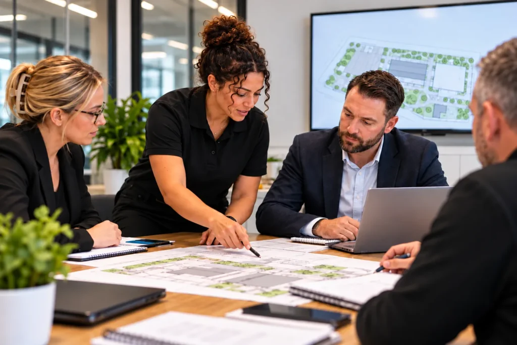 Light & Airey facilities support team reviewing site plans during operational planning meeting