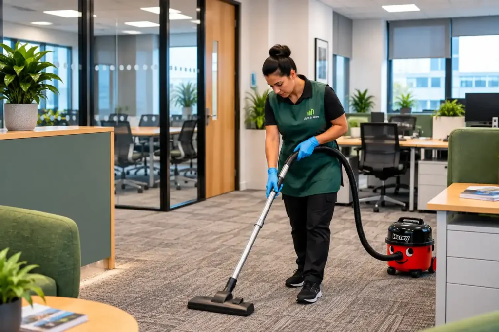 Light & Airey commercial cleaning operative vacuuming carpet in a modern office using a Henry vacuum cleaner.