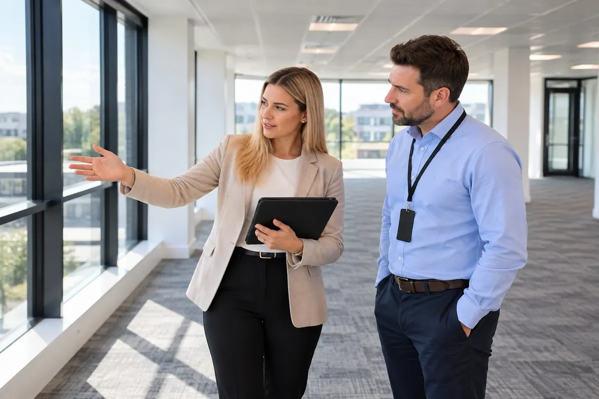 Light & Airey representative discussing commercial cleaning requirements with facilities manager during an office assessment