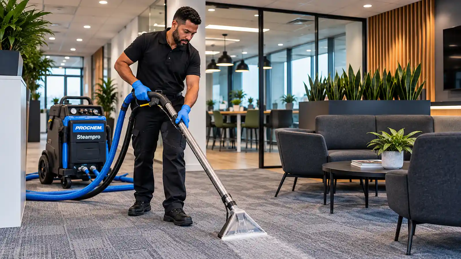 Professional carpet cleaner using a Prochem Steampro machine in a modern commercial office.