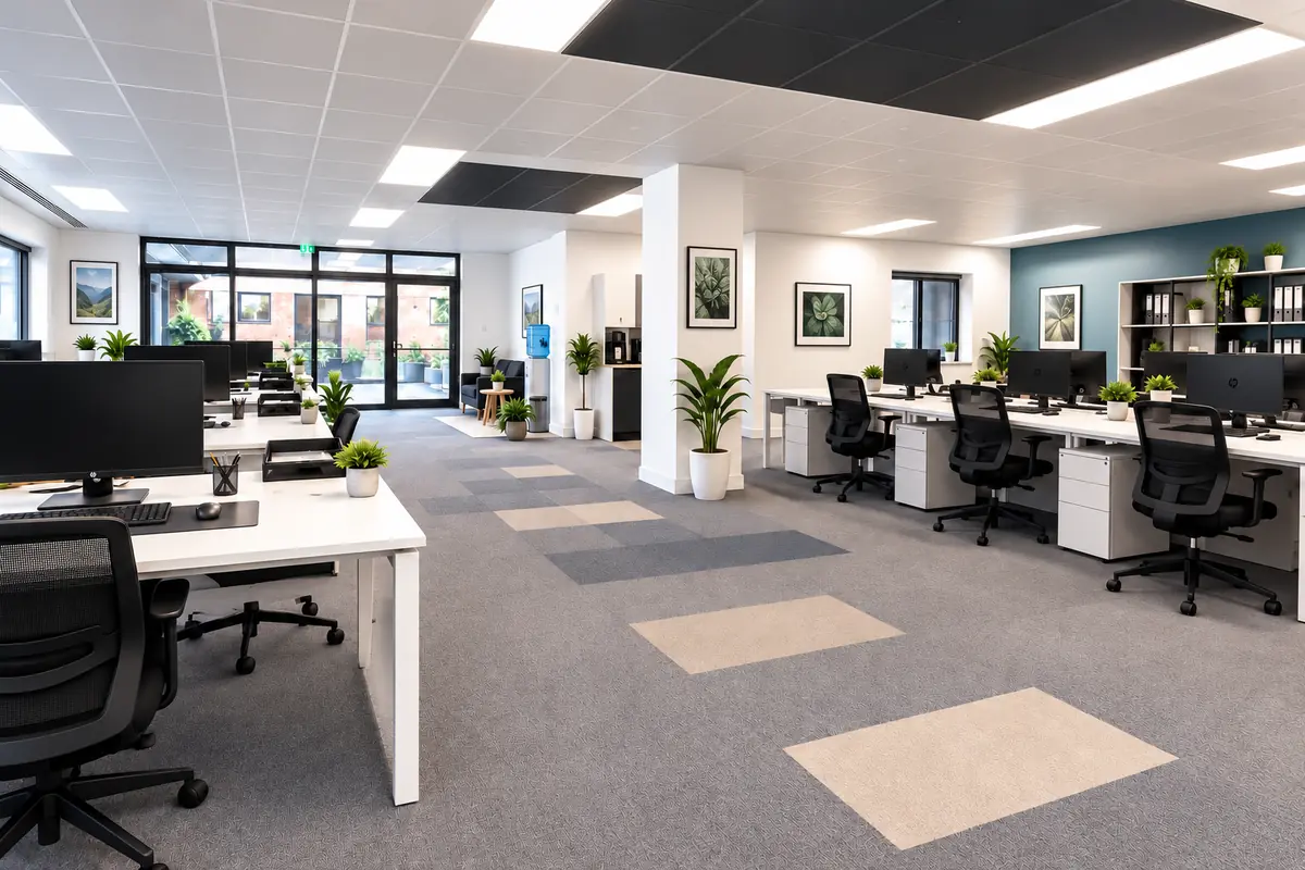 Open-plan office with white desks, black chairs, indoor plants and a clear central walkway.