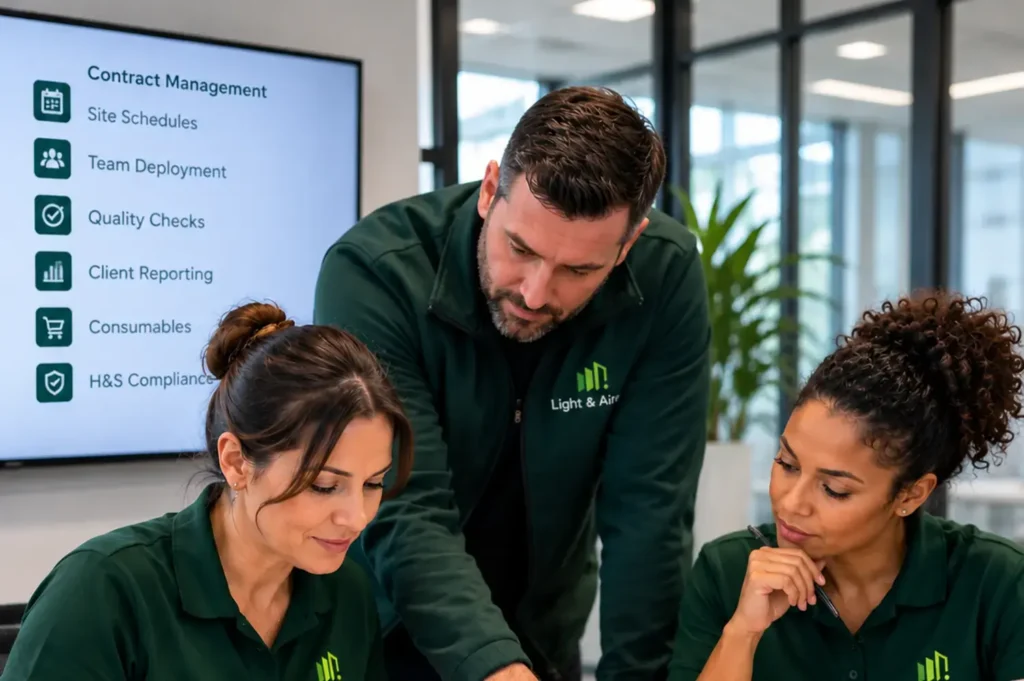 Light & Airey Facilities Support Team reviewing commercial cleaning contracts schedules, quality checks and site management plans in Bristol