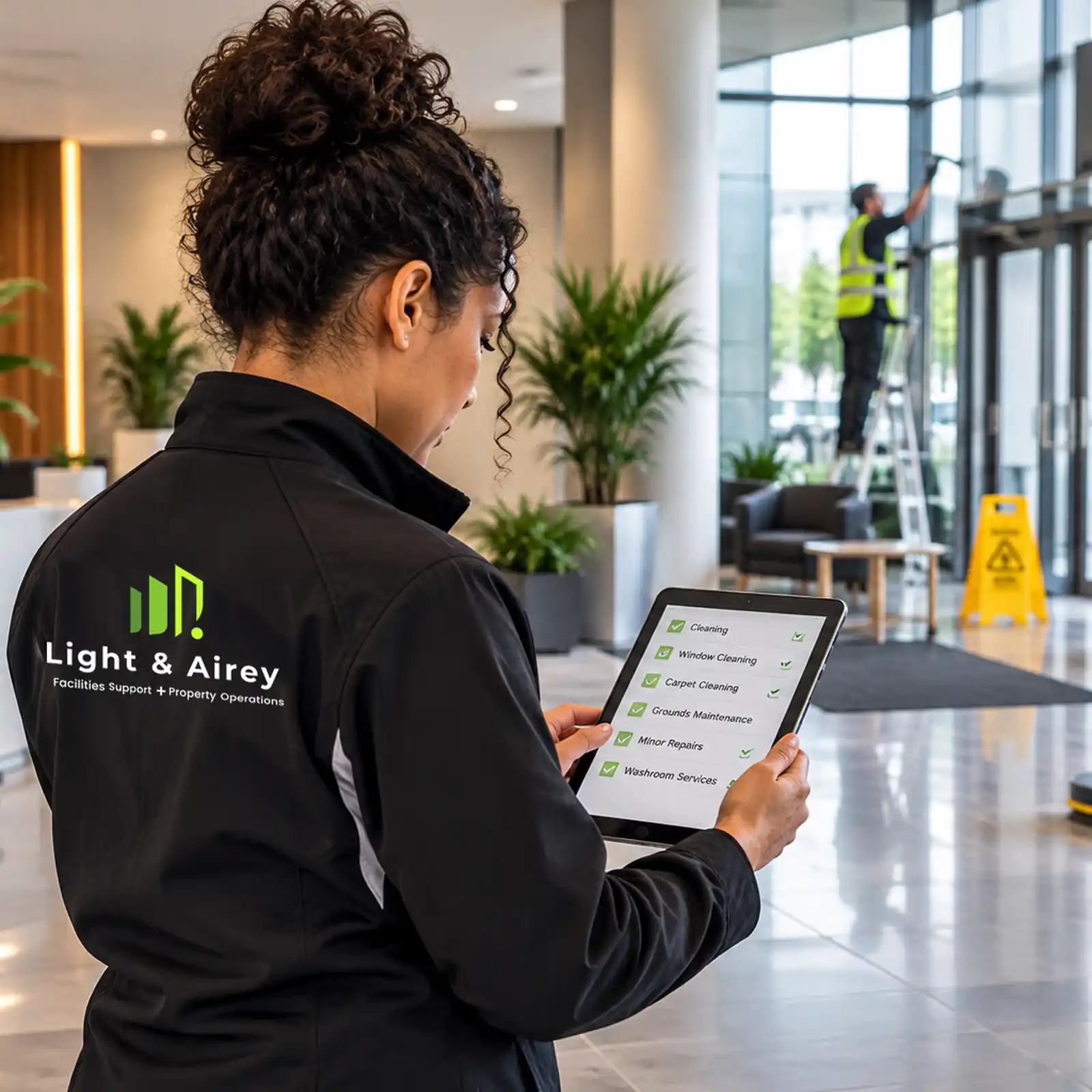 Light & Airey team member reviewing a checklist on a tablet while a colleague cleans reception windows.