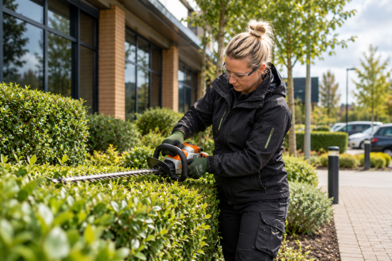 Light & Airey grounds maintenance operative maintaining landscaped grounds at a commercial property in Bristol