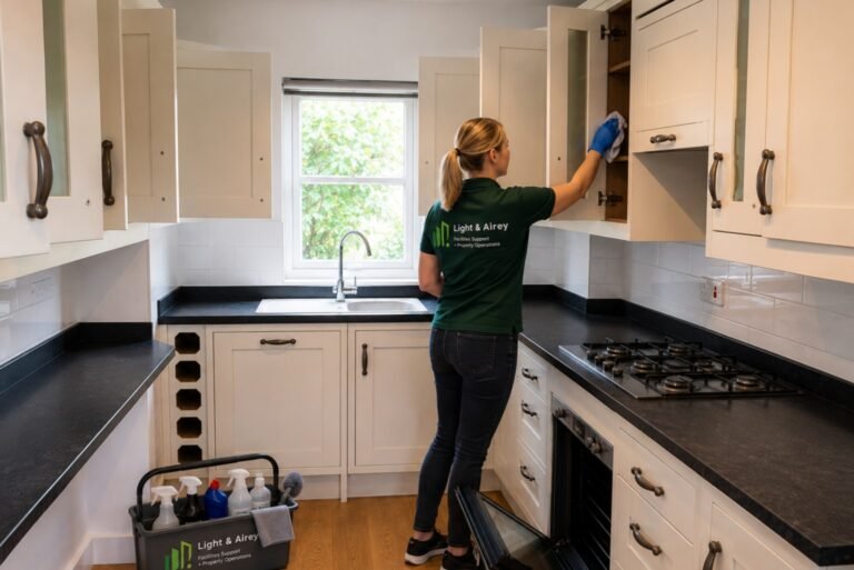 Light & Airey operative carrying out property turnaround cleaning for a void property in Bristol